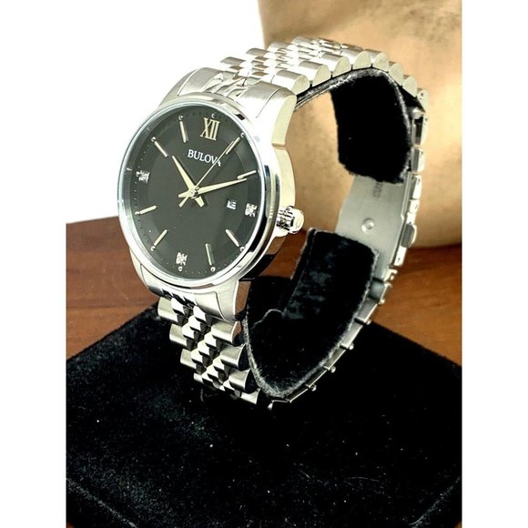 Bulova Women’s Watch 96P226 Silver Steel Diamond Black Dial Quartz 32mm - Picture 2 of 13